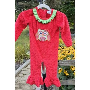 ..Little Wishes Baby Girls Soft Red Owl Ruffle Romper Size 9-12 Mo.